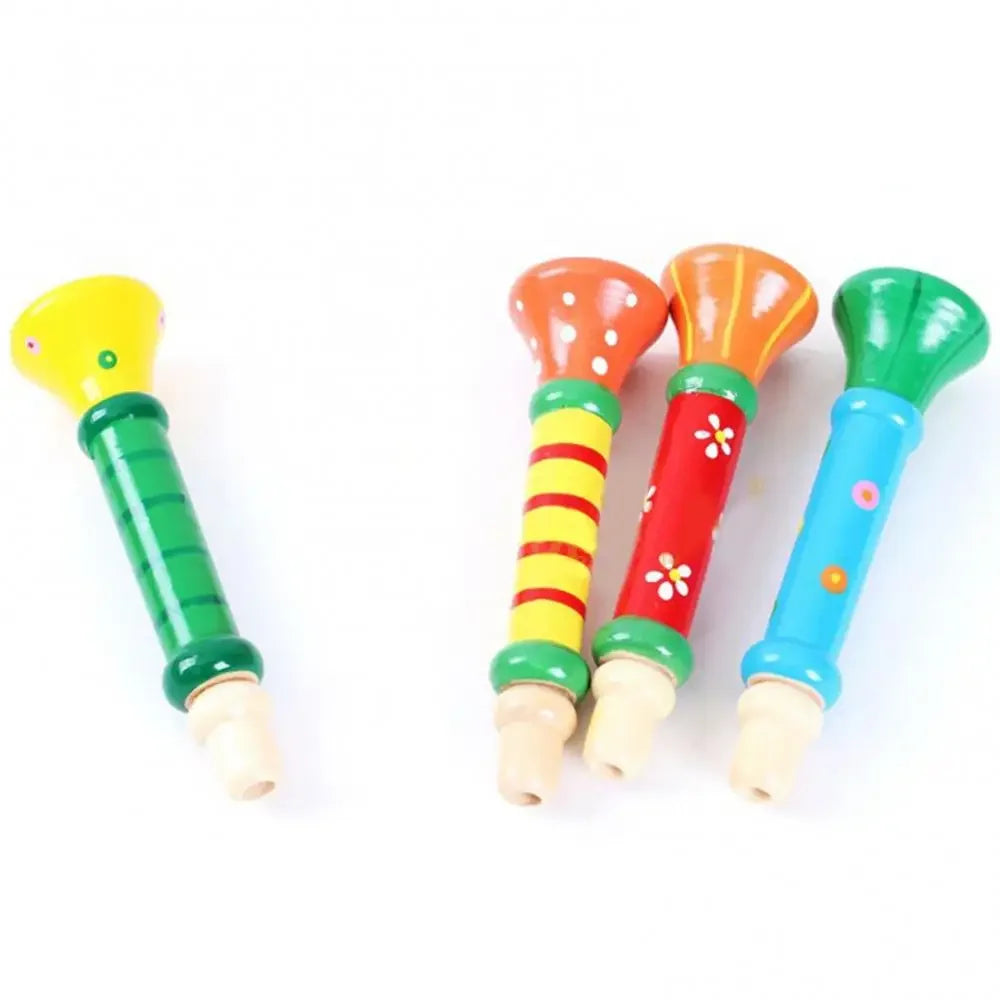Colorful wooden trumpet children toy horn with painted designs for educational montessori toys and sound training games