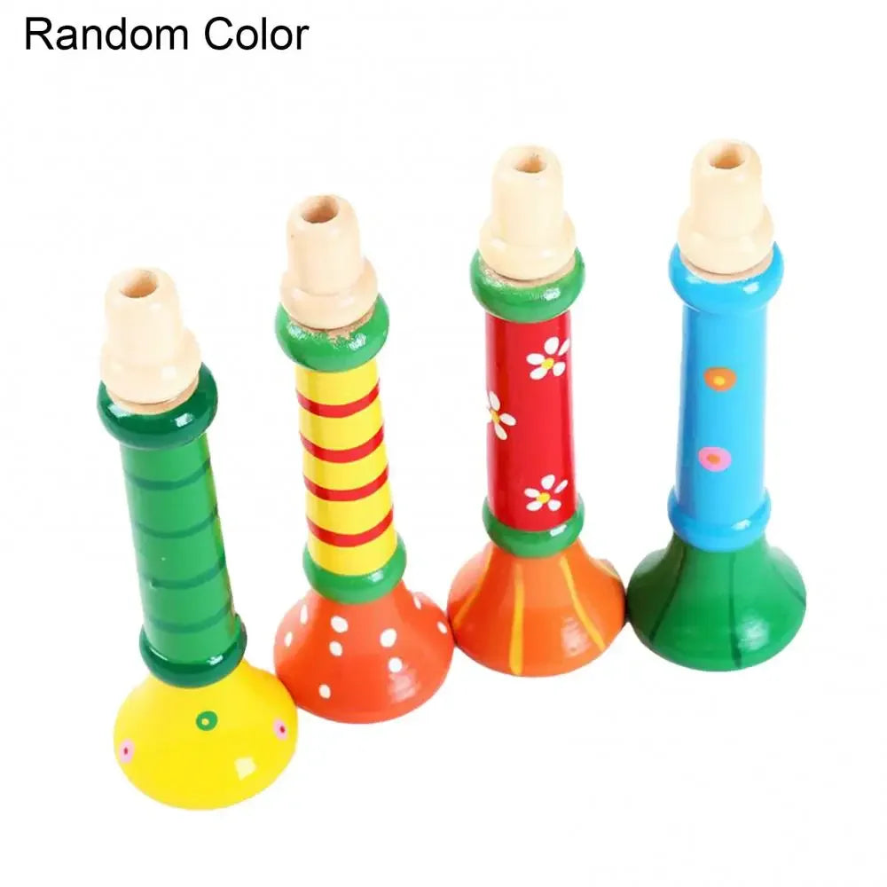 Colorful wooden trumpet children toy with floral and striped patterns for educational montessori toys sound training games