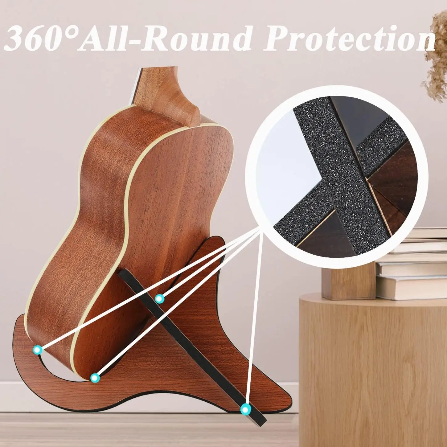 Wooden ukelele stand with black protective padding and curved design for concert instrument stand use