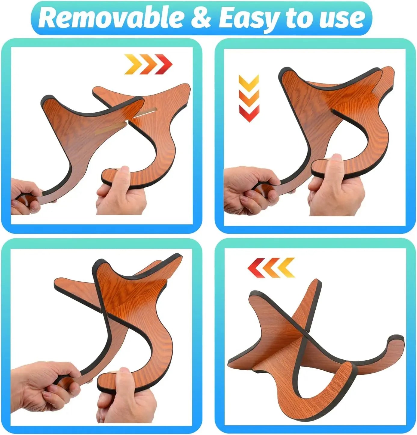 Brown wooden ukelele stand neck support with black rubber edges for instrument stand concert use