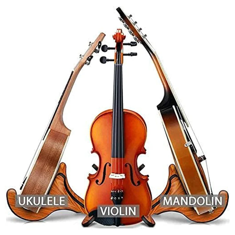 A polished amber wooden violin with black strings on a wooden ukelele stand instrument stand concert for small guitars banjos