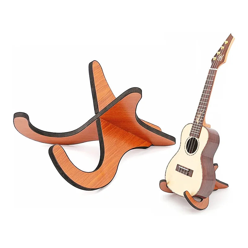 A sleek wooden ukulele stand with honey-brown finish and black trim for concert instrument stand use
