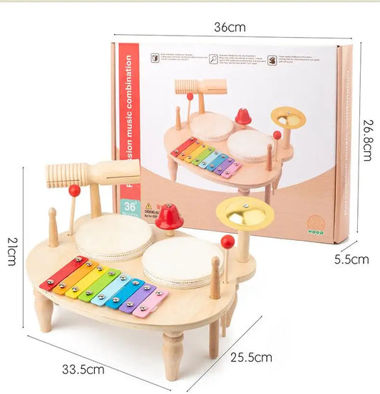 Wooden xylophone drum set with rainbow xylophone, white drum pads, and red-yellow cymbals for baby musical instruments