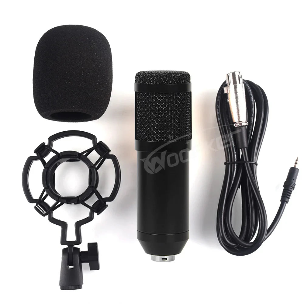 Woopker professional condenser black microphone with textured grille metallic base shock mount tripod bm800 set and foam windscreen