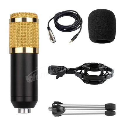 Woopker professional condenser gold mesh and black body microphone with shock mount and tripod bm800 set for studio recording