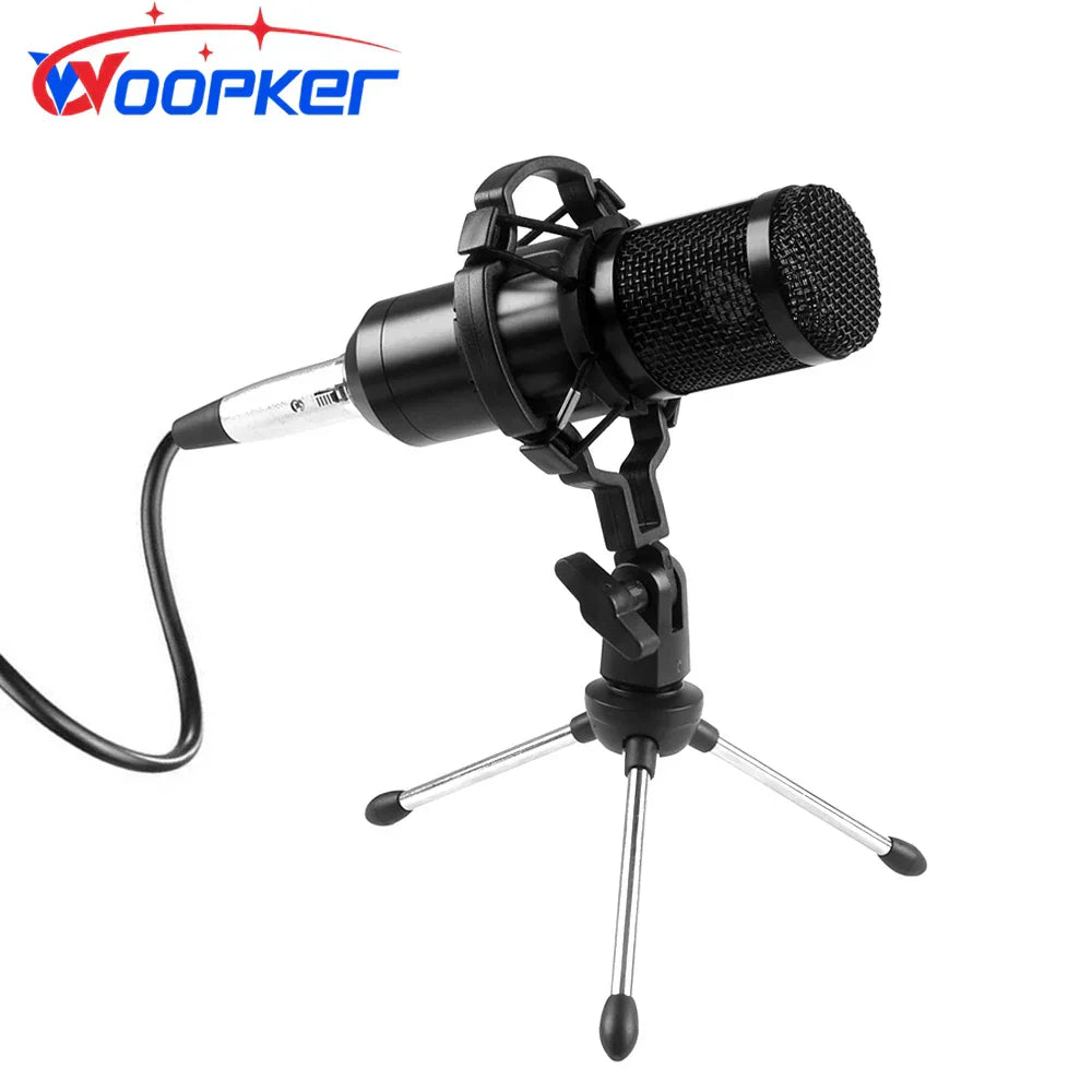 Black woopker professional condenser microphone with silver accent and mesh grille mounted on tripod bm800 set with shock mount