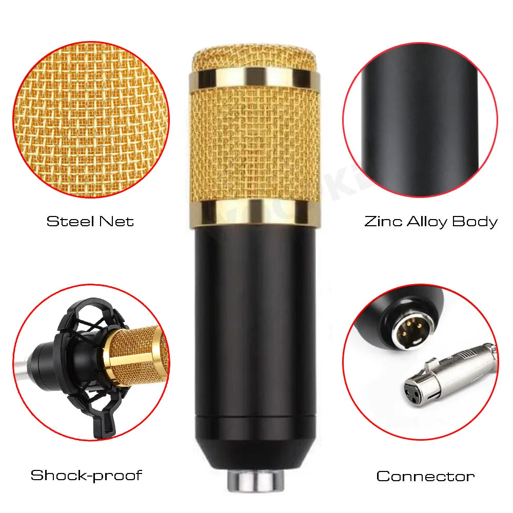 Black and gold woopker professional condenser microphone with steel mesh grille zinc alloy body shock mount and tripod bm800 set