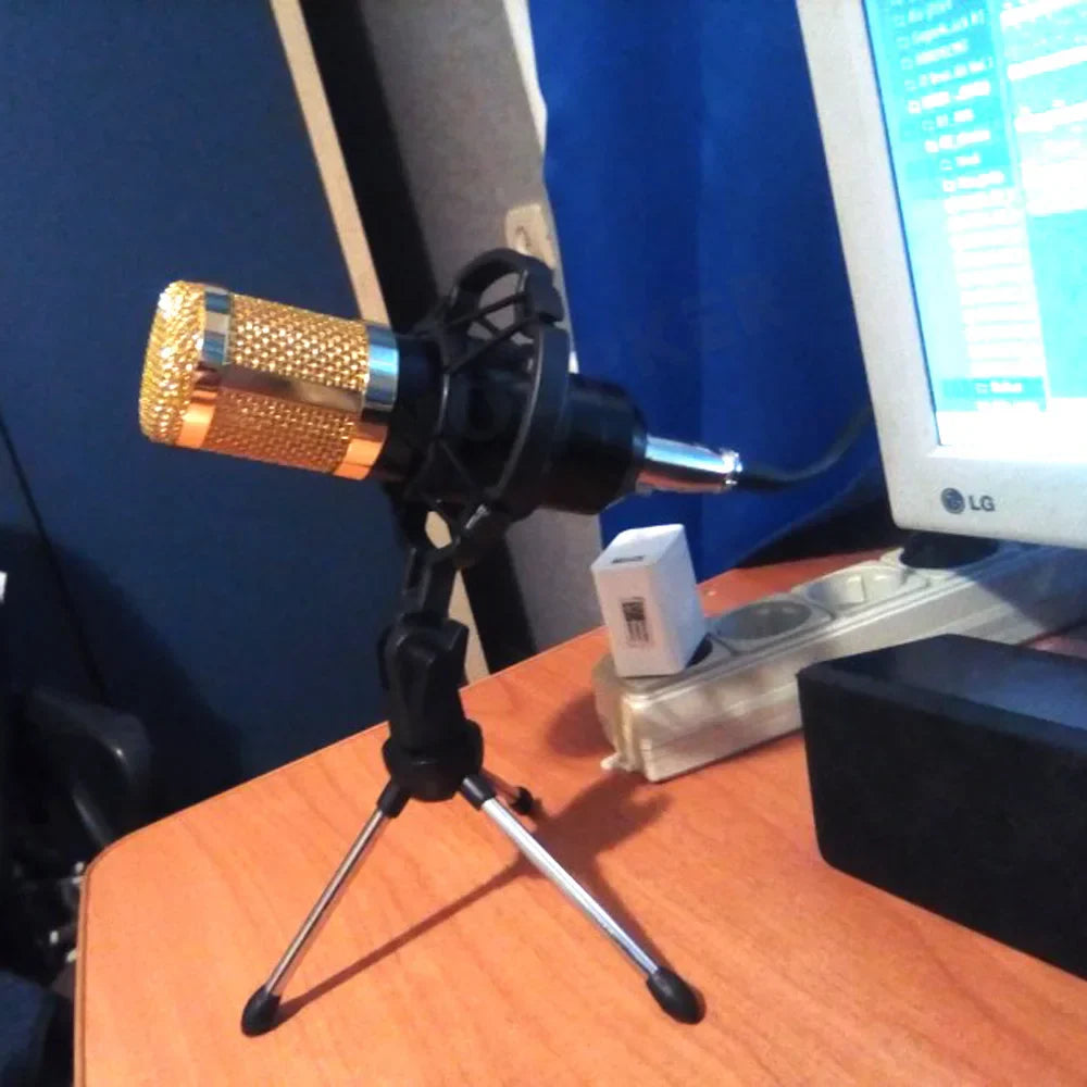 Woopker professional condenser gold microphone with mesh grille and black shock mount on tripod bm800 set for studio use