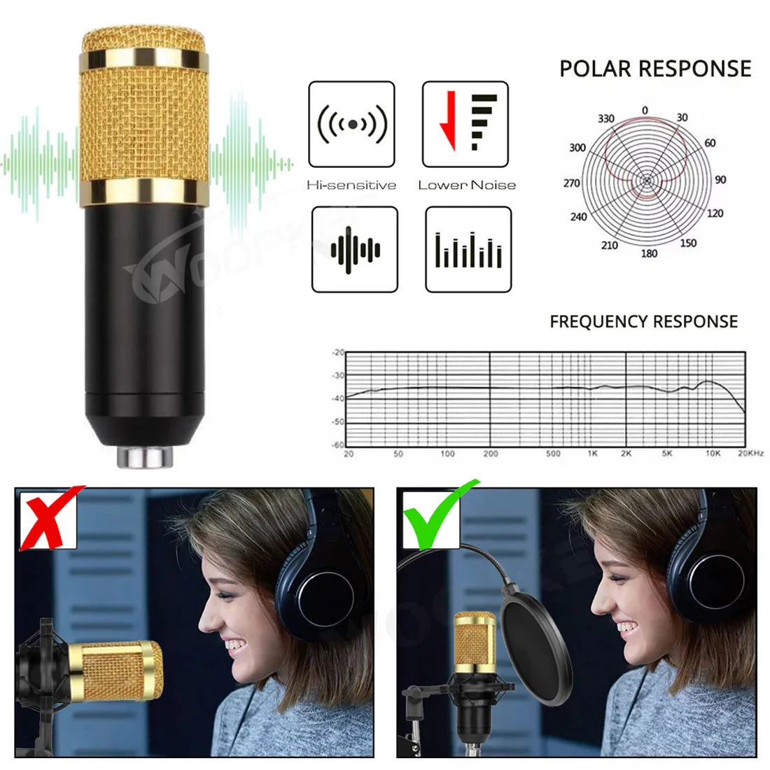 Woopker professional condenser microphone bm800 with black and gold mesh grille featuring shock mount and tripod bm800 set
