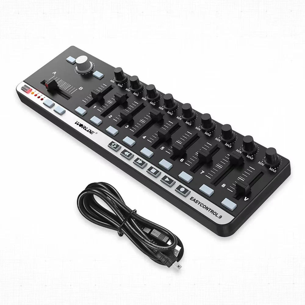 Black hwrde easycontrol 9 audio mixer with eight faders features memory banks transport buttons and plug-n-play kit
