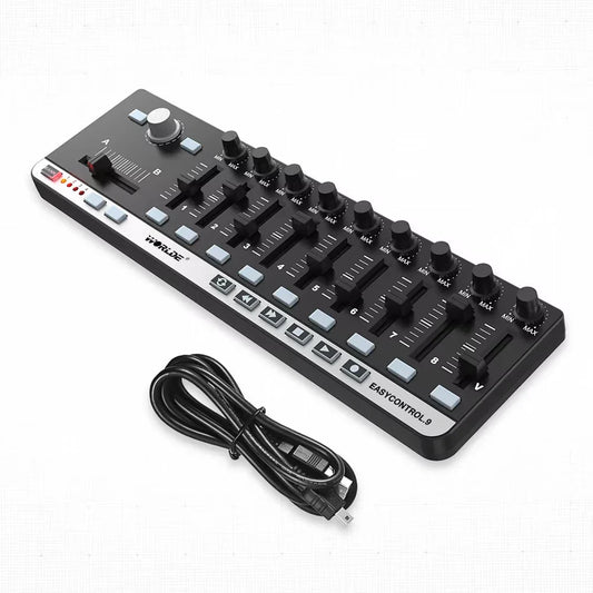 Black hwrde easycontrol 9 audio mixer with eight faders features memory banks transport buttons and plug-n-play kit