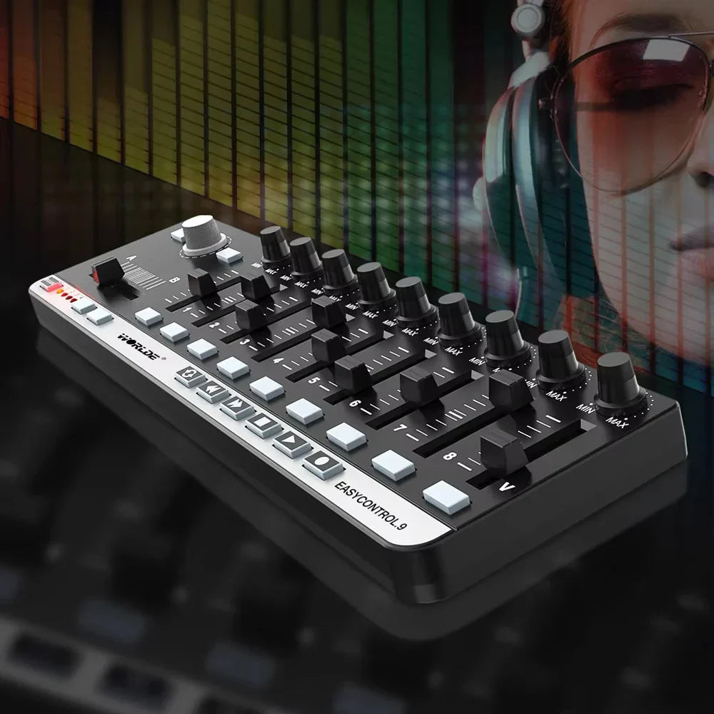 Black and silver harman easycontrol.9 audio mixer with memory banks, transport buttons, and plug-n-play kit for sound control