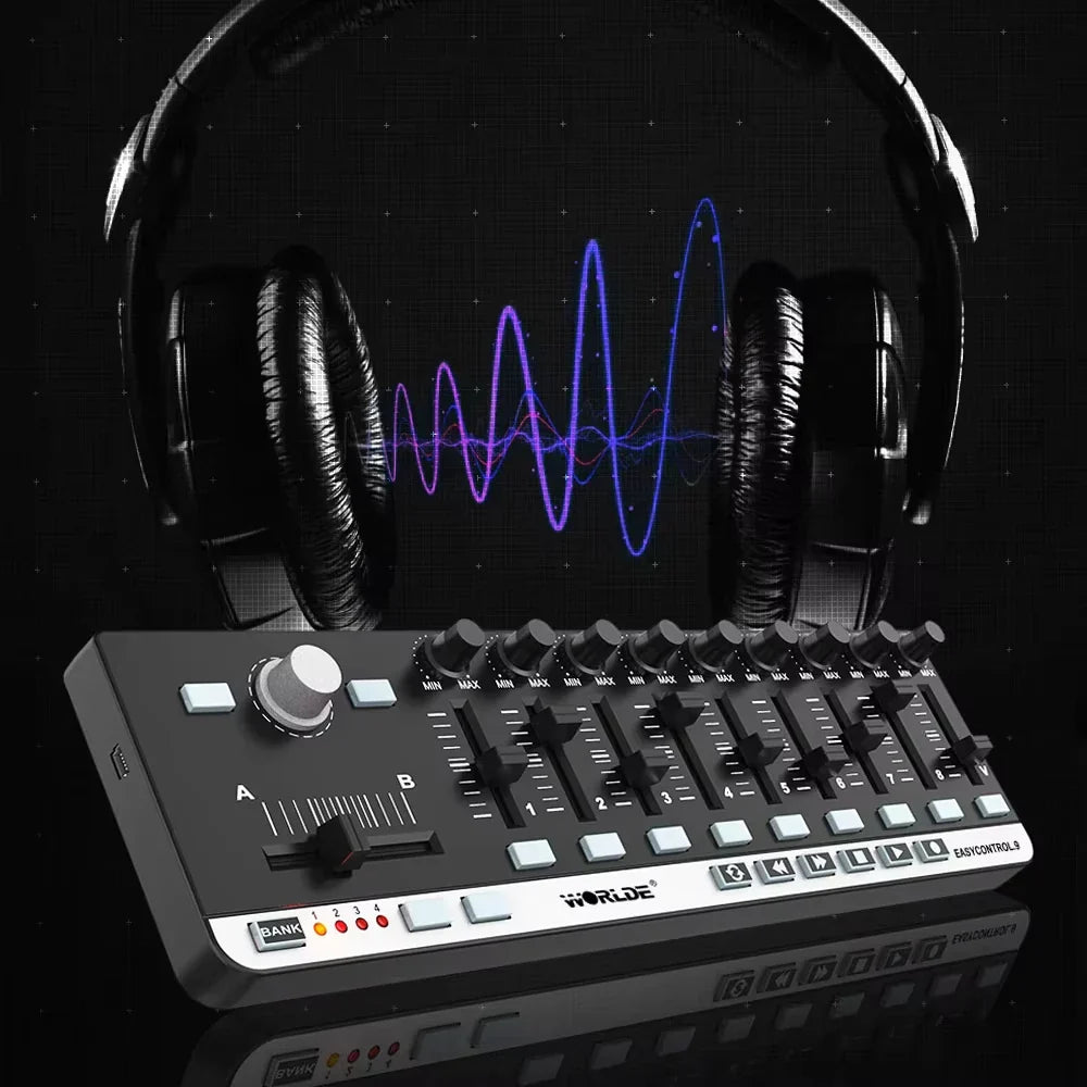 Black and silver world easycontrol s audio mixing console with memory banks transport buttons and plug-n-play kit