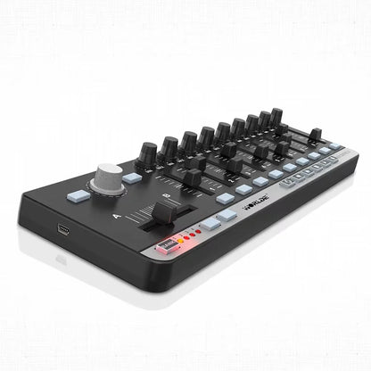 Black and silver m-audio pro mixer with memory banks, transport buttons, and plug-n-play kit for easy audio control