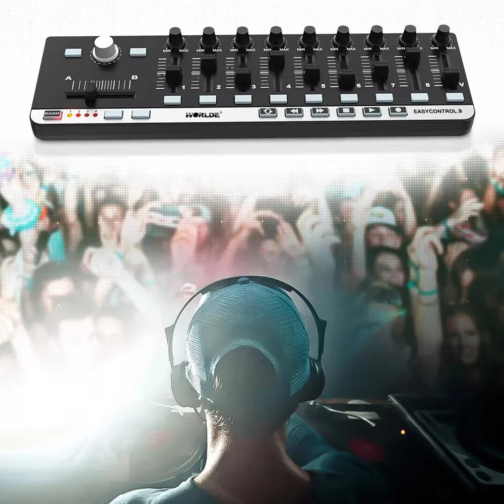 Black world easycontrol 9 slimline audio mixer with eight faders, central knob, memory banks, transport buttons, and plug-n-play kit