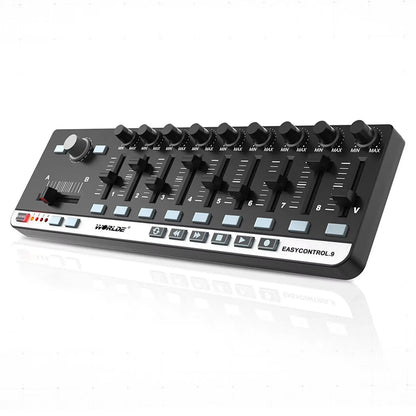 Black world easycontrol.9 midi controller with ten faders, rotary knobs, memory banks, transport buttons, and plug-n-play kit