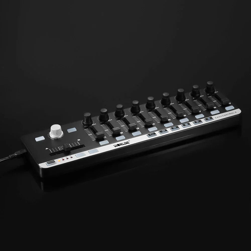 Black and silver worlde midi controller easycontrol 2 with slim-line control and 4 programmable memory banks features knobs sliders and buttons