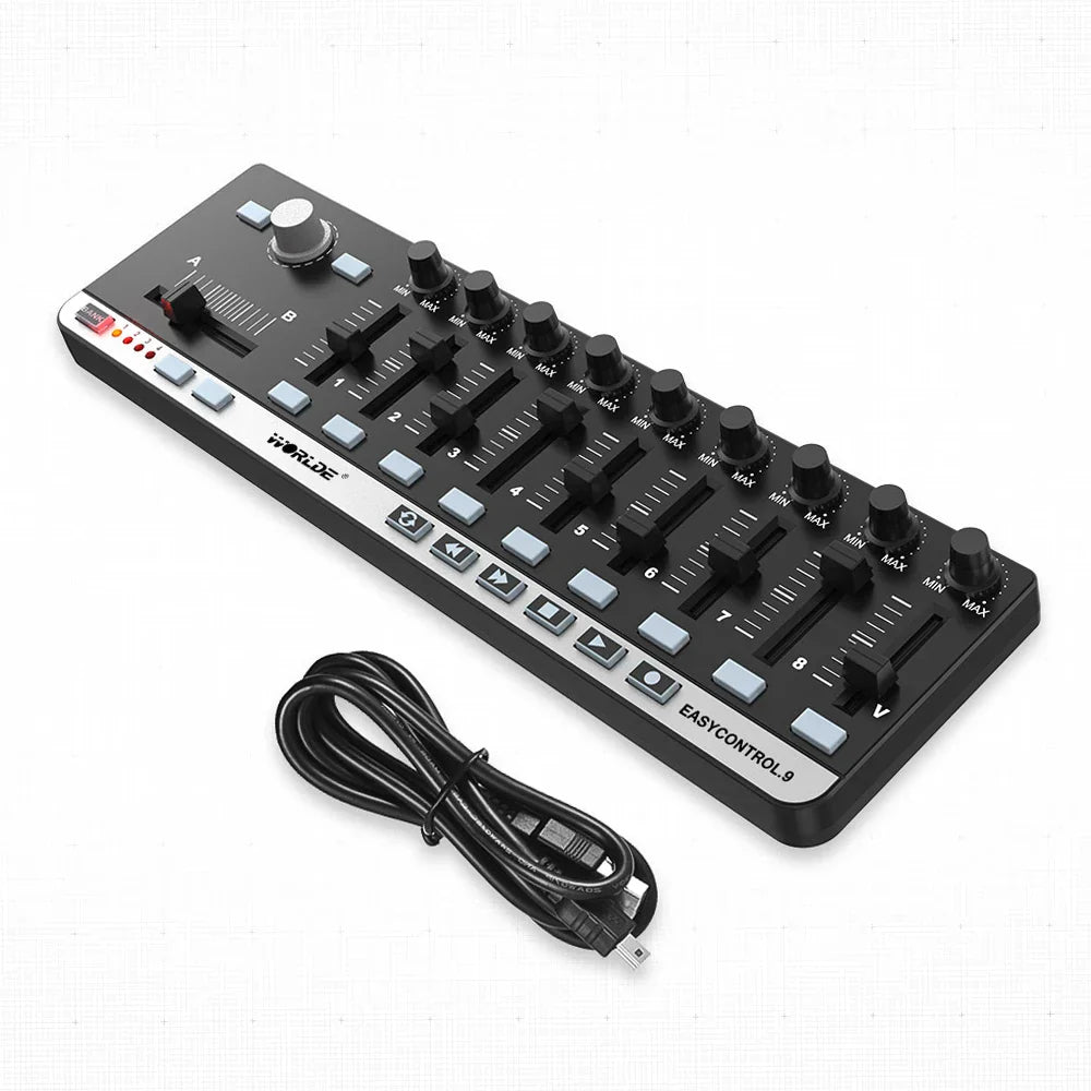 Black worlde midi controller easycontrol 9 with eight faders slim-line control and programmable memory banks