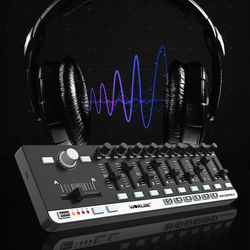 Black and silver worlde midi controller easycontrol.9 with programmable memory banks and slim-line control buttons