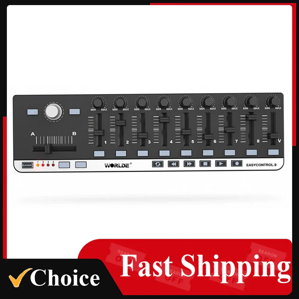 Black worlde midi controller easycontrol 9 audio mixer with eight sliders knobs programmable memory banks slim-line control