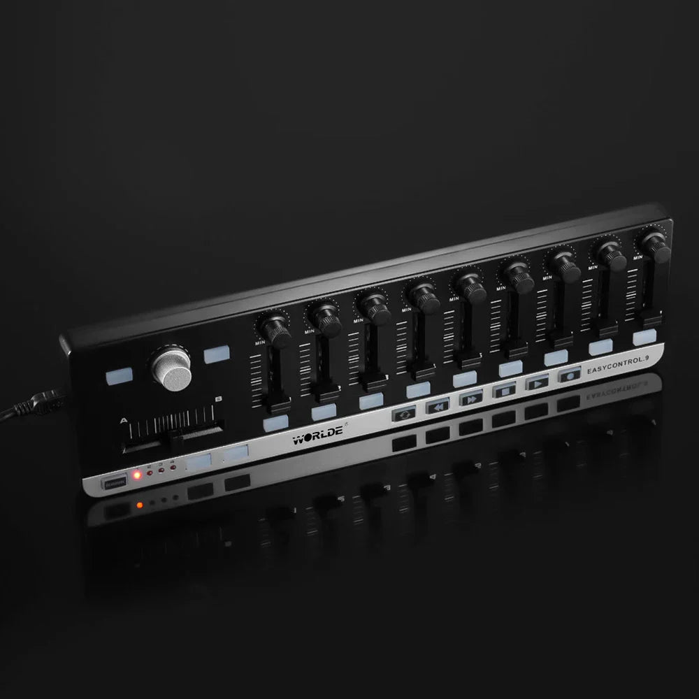 Black worlde midi controller easycontrol 9 audio mixer with silver accents slim-line control and programmable memory banks