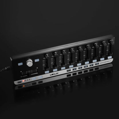 Black worlde midi controller easycontrol 9 audio mixer with silver accents slim-line control and programmable memory banks