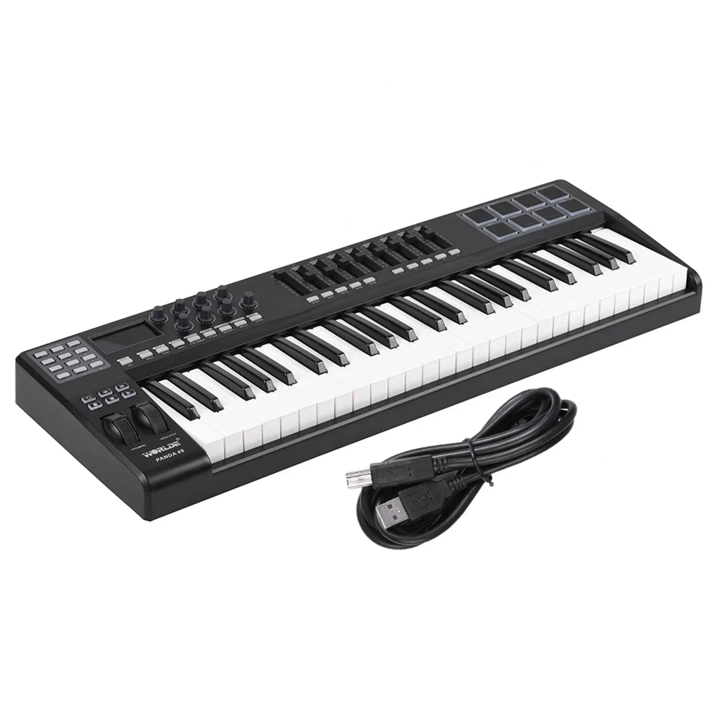 Black and white 61-key midi keyboard with control knobs and usb cable for win macos cross-platform music teaching system