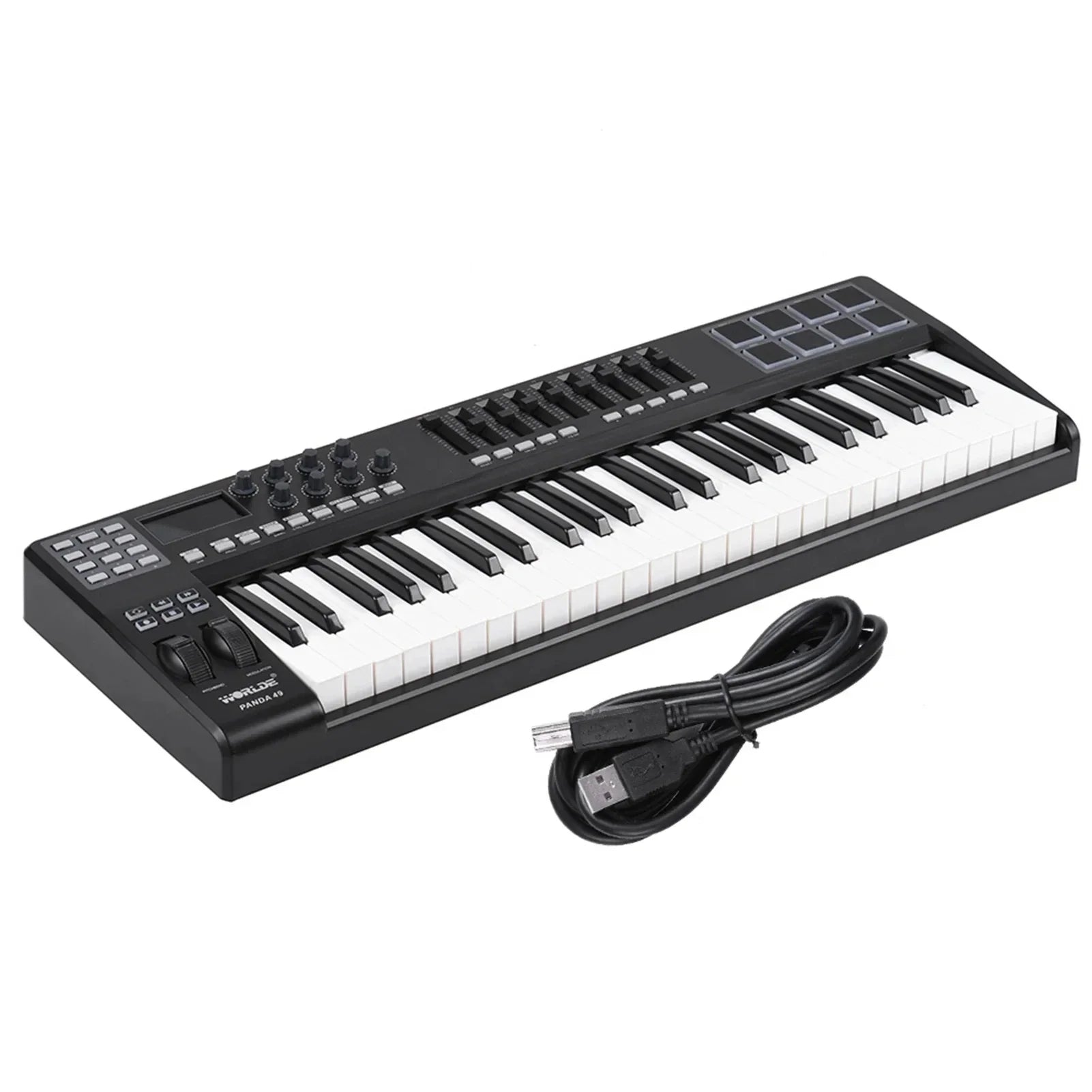 Black and white 61-key midi keyboard with control knobs and usb cable for win macos cross-platform music teaching system