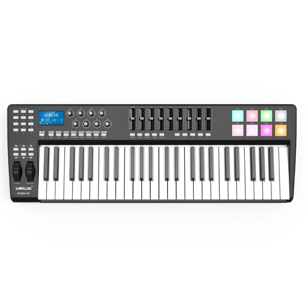 Black world-de panda 49 midi keyboard with white keys colorful backlit pads and control knobs for win macos cross-platform music teaching