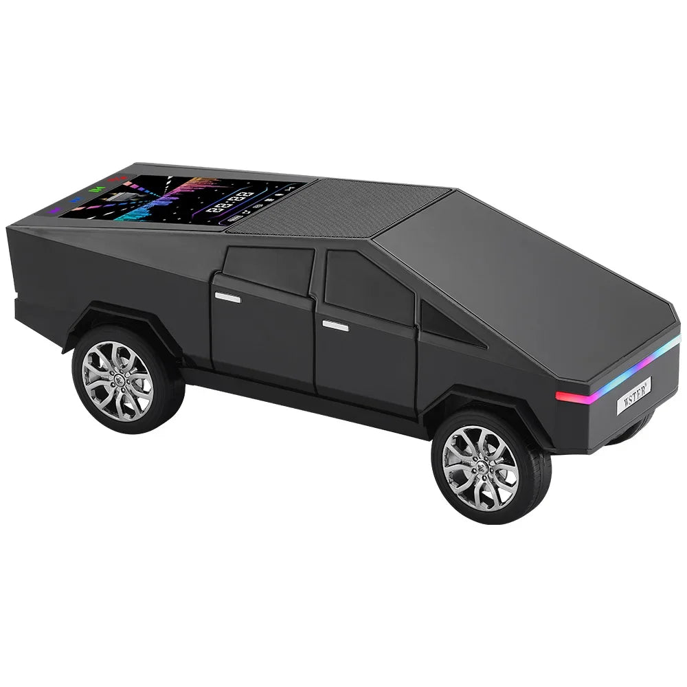 Black matte wireless bluetooth speaker shaped like tesla cybertruck with touchscreen and hifi stereo surround for desktop computer boombox use