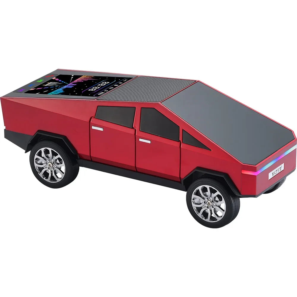 Red tesla cybertruck-shaped wireless bluetooth speaker with hifi stereo surround and desktop computer boombox design