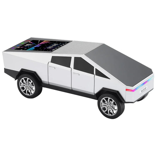 White and black Tesla Cybertruck-shaped wireless Bluetooth speaker with touchscreen display and hifi stereo surround for desktop computer boombox use