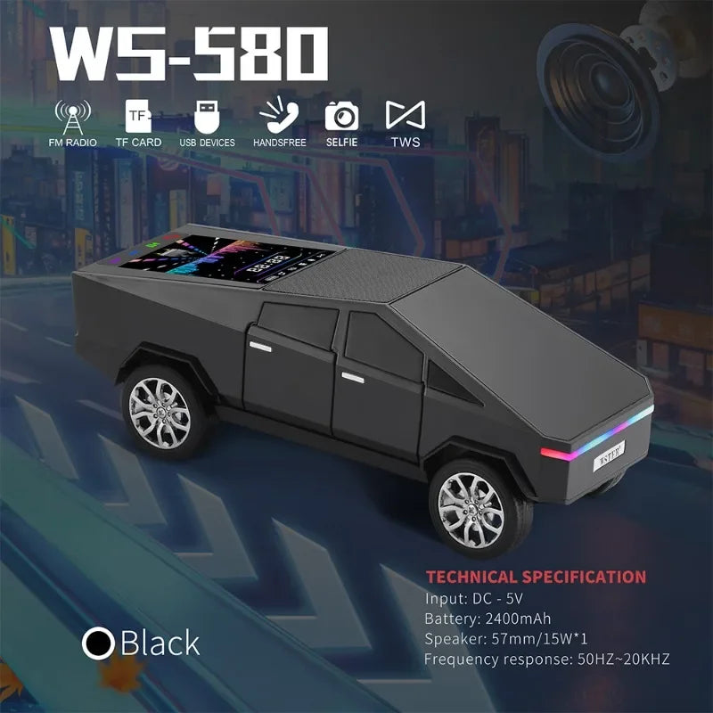 Black matte wireless bluetooth speaker shaped like a futuristic pickup truck with touchscreen and hifi stereo surround