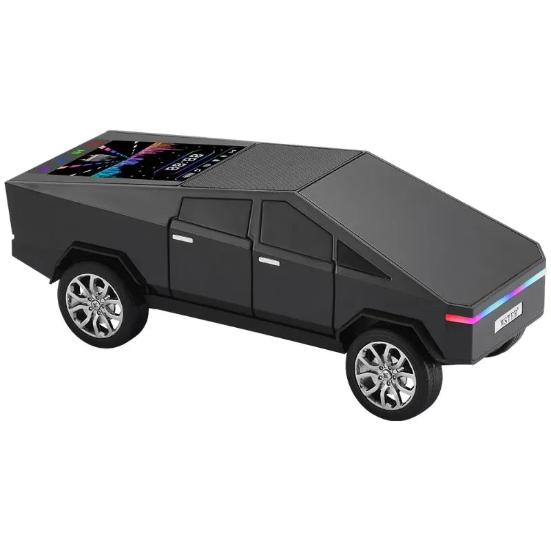 Black matte wireless bluetooth speaker shaped like tesla cybertruck with touchscreen and led lighting rear bumper for desktop computer boombox hifi stereo surround