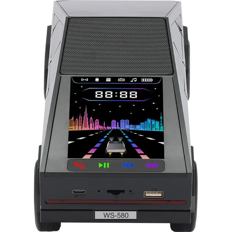 Black and silver futuristic wireless bluetooth speaker shaped like a car with colorful display usb ports and hifi stereo surround