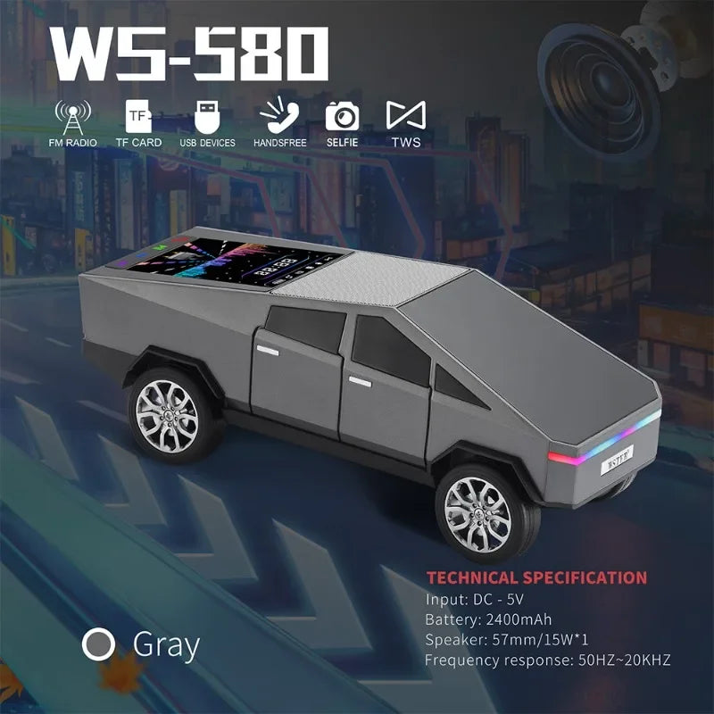 Gray futuristic pickup truck-shaped wireless bluetooth speaker with sleek metallic finish and hifi stereo surround for desktop computer boombox