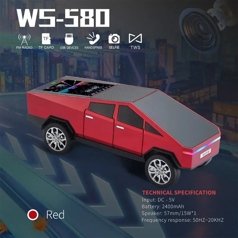 Red tesla cybertruck-shaped wireless bluetooth speaker with hifi stereo surround and desktop computer boombox design