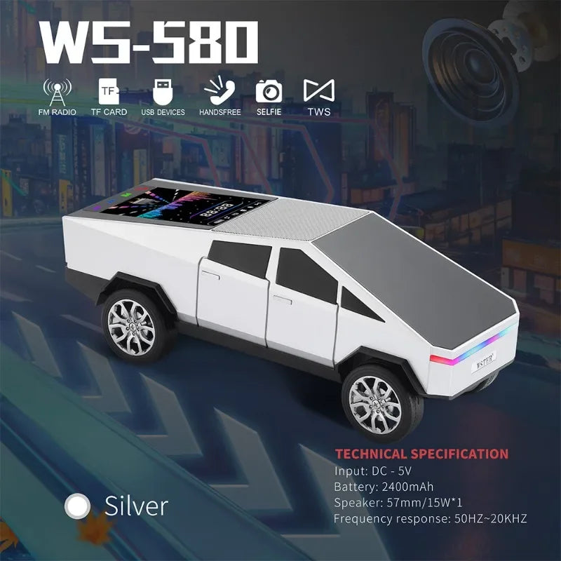 Silver ws-580 wireless bluetooth speaker shaped like a futuristic pickup truck with touchscreen display for hifi stereo surround desktop computer boombox use