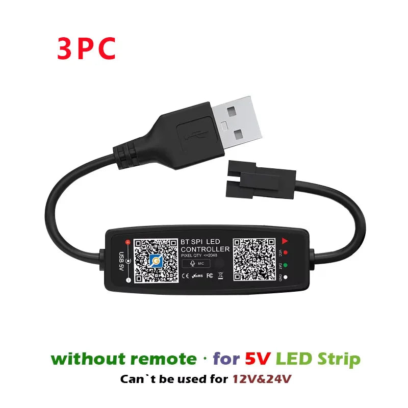 Black ws2812b controller bluetooth music with usb-a and male connectors for 5v strip light sk6812 led strips