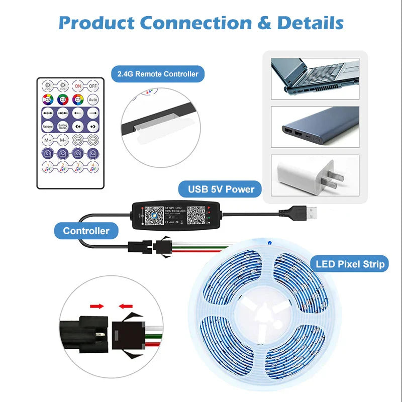 Blue led pixel strip light with adhesive backing and usb 5v power featuring ws2812b controller bluetooth music control