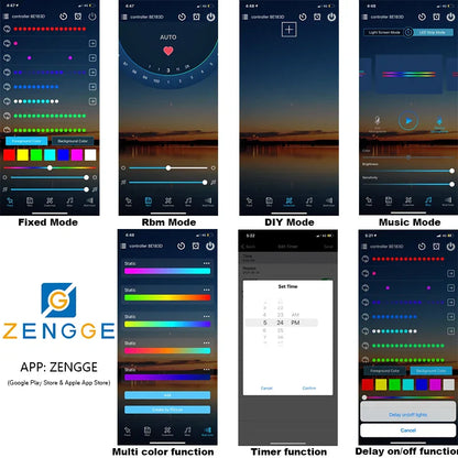 Zengge be183d smart led light controller app interface showing ws2812b controller bluetooth music modes for strip light sk6812