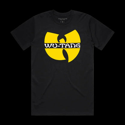 Black wu-tang clan t-shirt with bold yellow logo and white lettering for women oversized harajuku classic street hip style