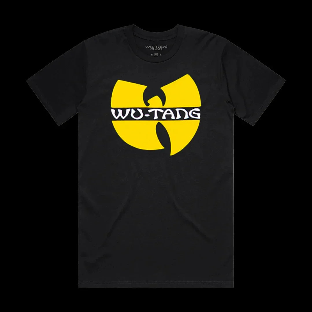 Black wu-tang clan t-shirt with bold yellow logo and white lettering classic street hip women oversized harajuku style