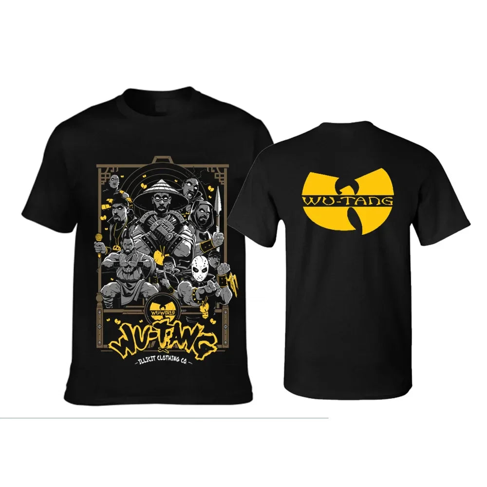Black wu-tang clan album poster t-shirt with detailed gold graphic front and classic yellow logo back oversized harajuku style