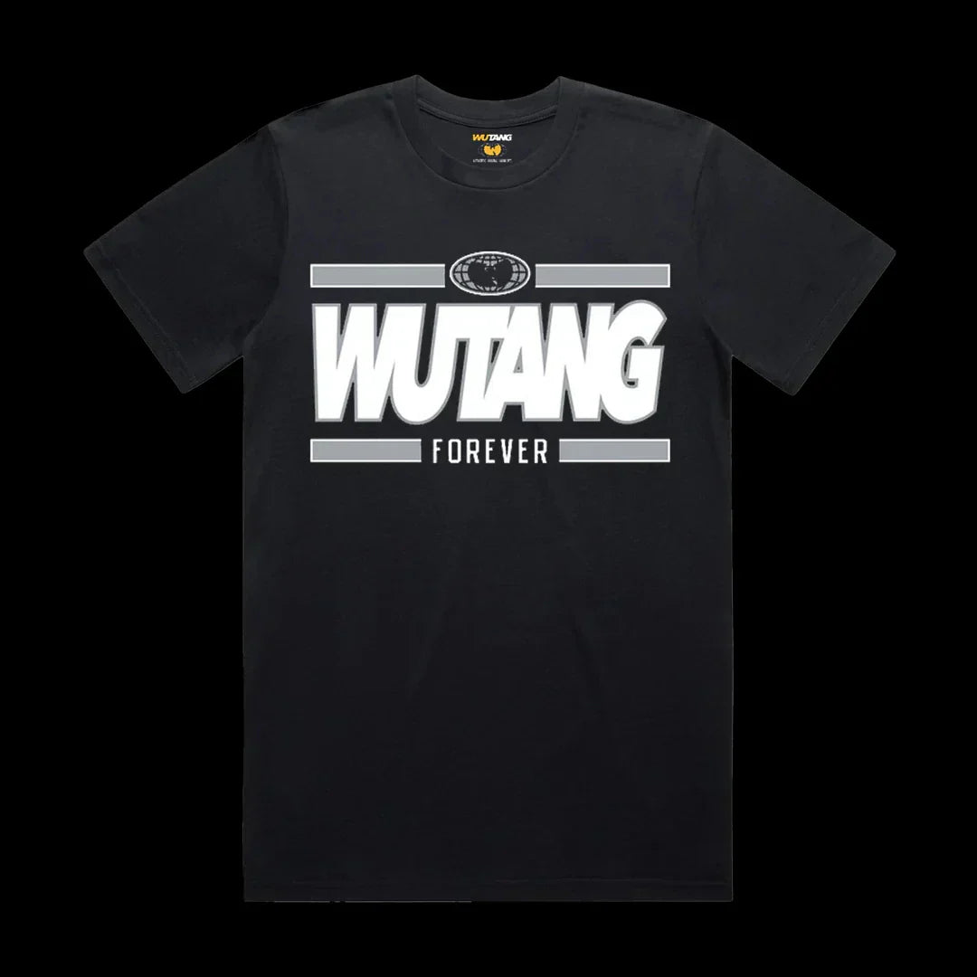 Black short-sleeved wu-tang clan album poster t-shirt with bold white lettering and globe emblem in women oversized harajuku style
