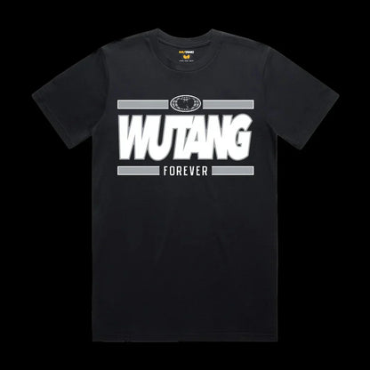 Black short-sleeved wu-tang clan album poster t-shirt with bold white lettering and globe emblem in women oversized harajuku style