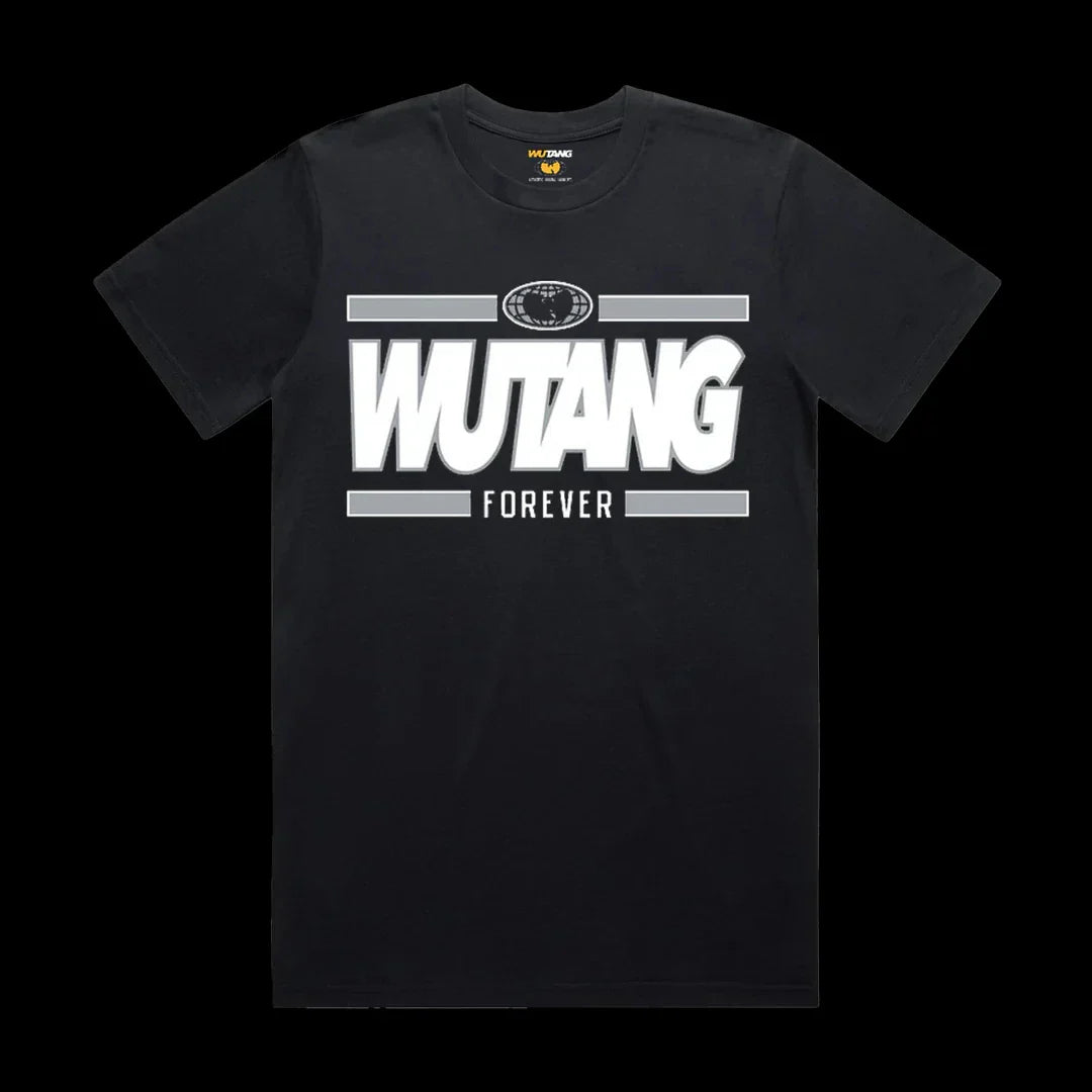 Black short-sleeved wu-tang clan album poster t-shirt with bold white graphic and silver bars for women oversized harajuku style