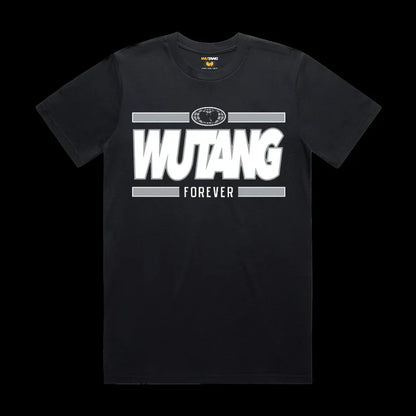 Black short-sleeved wu-tang clan album poster t-shirt with bold white graphic and silver bars for women oversized harajuku style