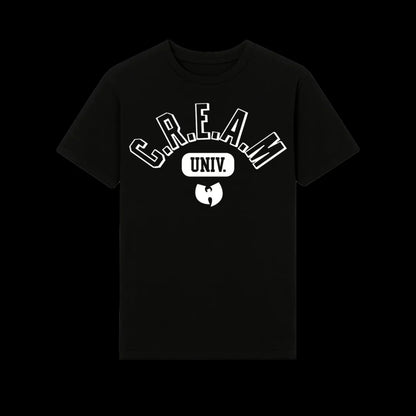 Black short-sleeved t-shirt with white cream print featuring clan album poster design for women oversized Harajuku fashion