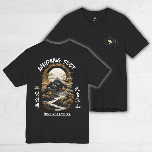 Black short-sleeved clan album poster t-shirt with gold mountain design in classic street hip style women oversized harajuku